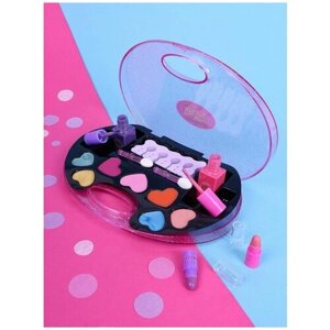 Детская косметика для девочек, набор 14 предметов (тени для век, румяна, губная помада, лак для ногтей, аппликатор, разделитель для пальцев