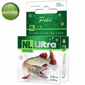 Леска зимняя для рыбалки AQUA NL ULTRA PIKE (Щука) 30m 0,25mm, цвет - светло-зеленый, test - 6,70kg ( 1 штука )