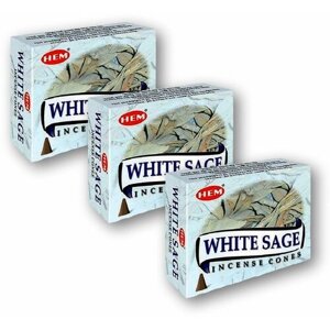 Набор ароматических благовоний конусы HEM Хем Белый Шалфей White Sage 3 упаковки, 30 шт.