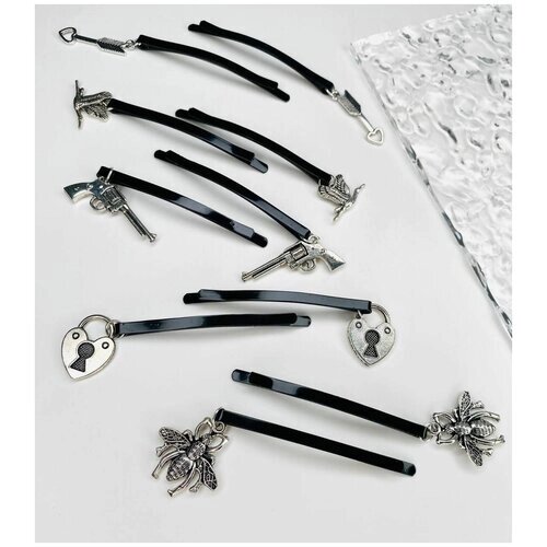 Невидимки для волос детские женские декоративные черные с металлическими подвесками сердца, стрелы, птицы, шмели, декоративные невидимки, 10шт