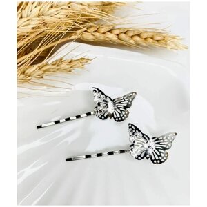 Невидимки для волос детские женские декоративные серебристые бабочки, декоративные невидики бабочки, серебристые, 2шт