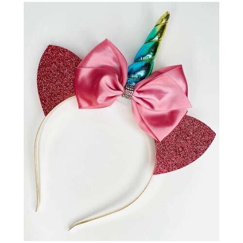 Праздничный Ободок для волос детский с ушками радужный единорог, розовый блестящий, ободок карнавальный единорожка розовый с бантом бантиком