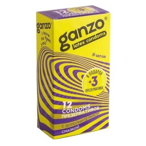 Презервативы Ganzo Sense, тонкие, с обильной смазкой, латекс, 18 см, 12 шт + 3 шт