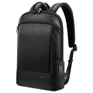 Рюкзак мужской городской дорожный 15л для ноутбука 15 Bopai First Layer Cowhide 61-52711 Черный кожаный с USB зарядкой