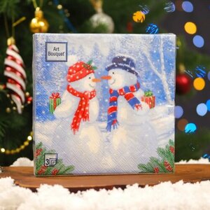 Салфетки бумажные "Art Bouquet" Снеговики с подарками, 3 слоя, 33x33, 20 листов