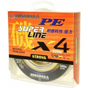 Шнур плетен. Kosadaka "SUPER LINE PE X4" 300м, цв. multicolor; 0.14мм; 6.8кг