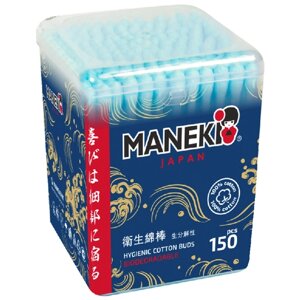 Ватные палочки Maneki Ocean с голубым стиком, белый/голубой, 150 шт., контейнер