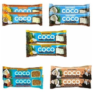 Батончик в шоколаде без сахара Snaq Fabriq COCO Ассорти: Кокос, Ананас, Шоколад, Манго-Маракуйя, Кокосово-миндальный десерт 40 гр (10 шт.)