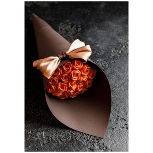 Букет из 19 шоколадных роз в коричневой бумаге с оранжевыми розочками. Розы из белого шоколада. CHOCO STORY, 228 гр. B19-SH-O