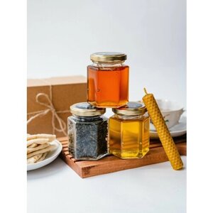 Набор из натурального меда , мёд горный , лавандовый и молочный улун чай , набор меда 3 баночки , Златоцвет