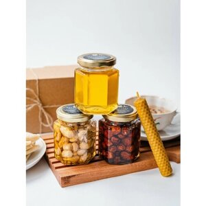 Набор из натурального меда , мёд лавандовый с орехами - кешью и фундуком , набор меда 3 баночки , свеча из вощины в подарок , Златоцвет