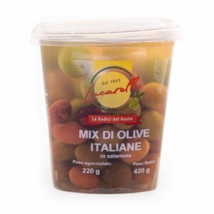 Оливки ассорти в рассоле, зеленые и черные оливки с косточками, LUCARELLI, 0,420 кг/0,220 кг (пл/стакан)
