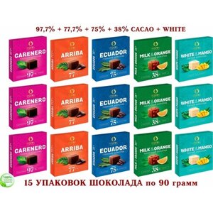 Шоколад OZera ассорти-Carenero SuperioR 97,7%молочный с апельсином 38%ECUADOR 75%Arriba-77,7%белый с МАНГО-KDV-15*90 грамм