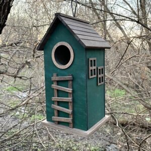 Деревянный скворечник для птиц PinePeak / Кормушка для птиц подвесная для дачи и сада, 350х180х180мм, темно-зеленый