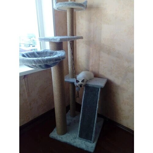 Игровой комплекс с горкой, гамаком и лежанками из меха , для кошки , высота 130 см , цвет серый