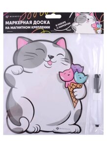 Доска маркерная 19*22см "Кот с мороженым" с маркером