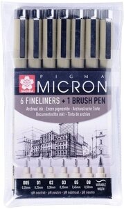 Набор капиллярных ручек Sakura Pigma: 6 ручек Pigma MIcron+1 Pigma Brush