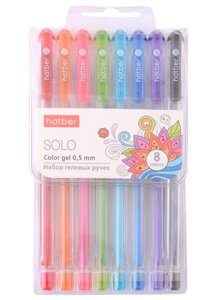 Ручки гелевые 08цв "Solo ColorGel" 0,5мм, пластик. пенал, подвес, Hatber