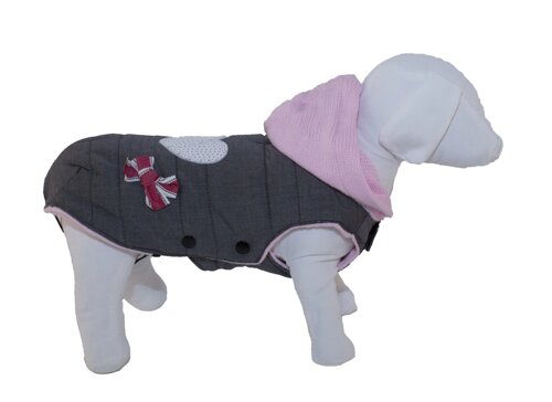 Ferribiella одежда утепленный жилет с аппликацией и вязянным капюшоном "Любимец", серый с розовым капюшоном (24 см)