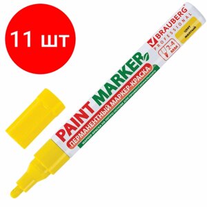 Комплект 11 шт, Маркер-краска лаковый (paint marker) 4 мм, желтый, без ксилола (без запаха), алюминий, BRAUBERG PROFESSIONAL, 150872