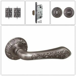 Комплект ручек для дверей Fuaro MONARCH_SM_AS-3_MAGWC_CL, античное серебро (ручка + завертка WC + магнитный замок + 2 универсальные петли с короной)