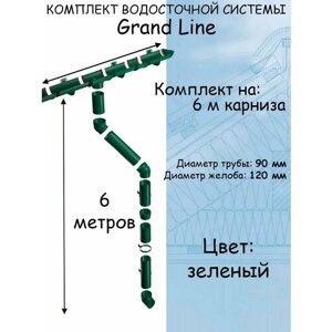 Комплект водосточной системы Grand Line зеленый 6 метров (1 воронка, 4 желоба и 4 трубы по 1,5 м) (120мм/90мм) высота 6 м, водосток для крыши пластиковый Гранд Лайн зеленый мох (RAL 6005)