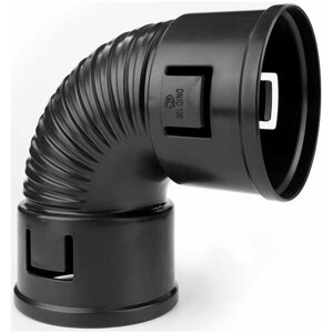 Отвод для дренажной трубы, диаметром 110 мм, из пластика с технический углеродом, для организации поворота системы из гофрированных труб.