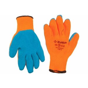 Утепленные, акриловые перчатки с рельефным латексным покрытием Зубр эксперт 10 класс, сигнальный цвет, р. L-XL