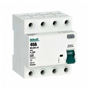 Выключатель дифференциального тока 4P 40А 30мА тип AC 6кА УЗО-03 | код 14235DEK | DEKraft (10шт. в упак.)