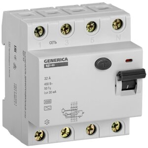 Выключатель дифференциального тока (УЗО) 4п 32А 30мА тип AC ВД1-63 GENERICA ИЭК MDV15-4-032-030, 1шт