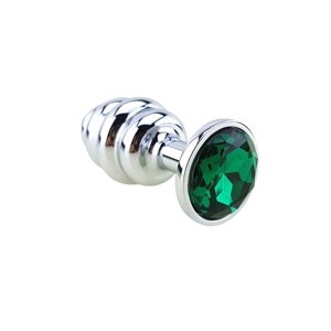 4Sexdream фигурная серебристая анальная пробка с кристаллом в основании, 8х3.5 см (зелёный)
