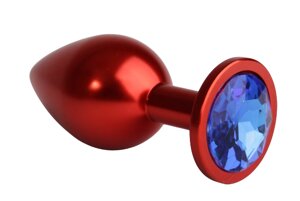 4sexdream - Красная металлическая анальная пробка с кристаллом в основании, 7.6х2,8см (синий)