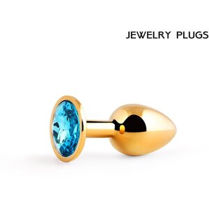 Anal Jewelry Plug - Маленькая золотая анальная пробка с кристаллом, 7.4х3 см (голубой)