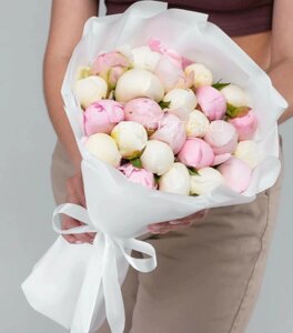 Букет из 25 Розовых и Белых Пионов в Матовой упаковке LUX