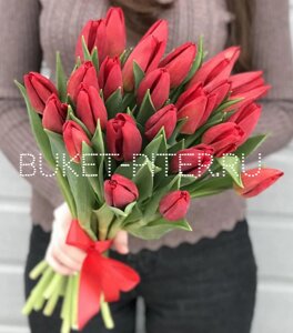 Букет из Красных Тюльпанов в Красной атласной ленте