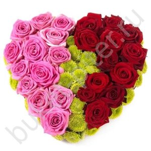 Композиция из красных, розовых роз и хризантем в форме сердца