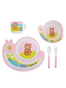 Набор детской посуды из бамбука 5 предметов мишка розовый
