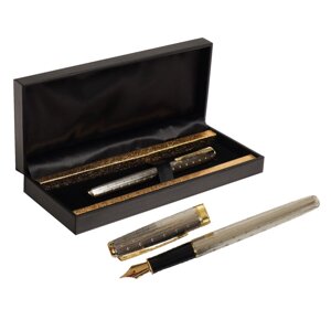 Ручка подарочная перьевая в кожзам футляре, пб s, корпус серебро с золотом