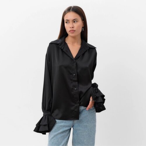 Блуза женская шелковая с воланами MIST, размер 44, черный