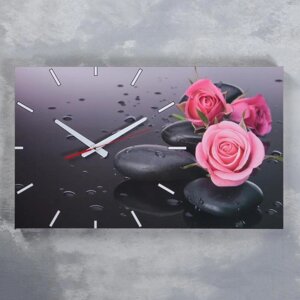 Часы-картина настенные, серия: Цветы, "Розы на серых камнях", 61х37 см, микс