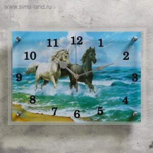 Часы-картина настенные, серия: Животный мир, "Лошади в море", 25х35 см