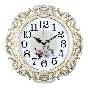Часы настенные, интерьерные: Цветы, "Хостон", бесшумные, d-40.5 см, белое золото