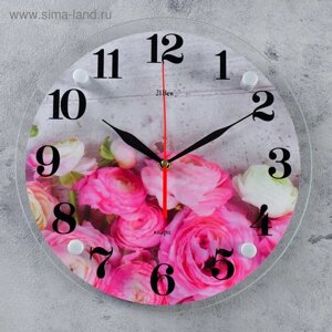 Часы настенные, интерьерные: Цветы, "Розовые пионы", бесшумные, d-30 см