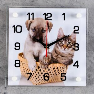 Часы настенные, интерьерные "Щенок с котенком", бесшумные, 25 х 25 см