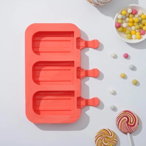 Форма для мороженого «Эскимо макси», силикон, 19,514,52,5 см, 3 ячейки (8,24,6 см), цвет МИКС
