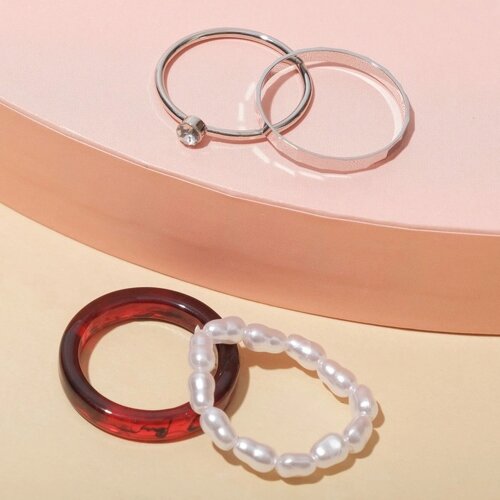 Кольцо набор 4 штуки «Джипси», эстетика, цвет красно-белый в серебре, размер 16-17