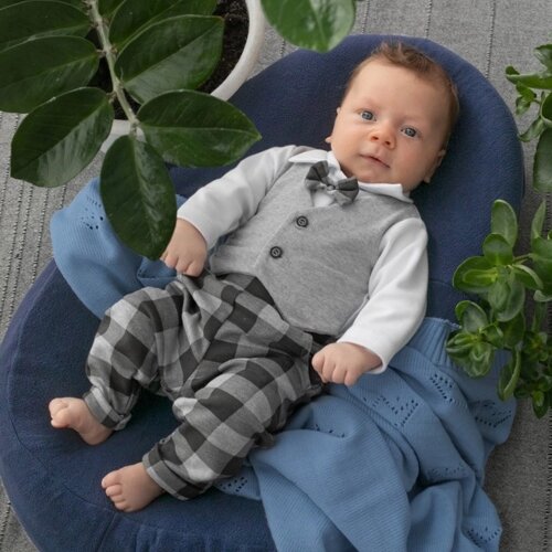 Комплект для мальчика KinDerLitto «Юный джентльмен-4», 3 предмета: шапочка, штаны, боди, рост 80-86 см, цвет серый меланж