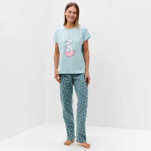 Комплект домашний женский "Котята"футболка/брюки), цвет голубой, размер 48
