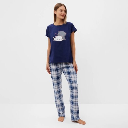 Комплект домашний женский "Котята"футболка/брюки), цвет синий/бежевый, размер 48