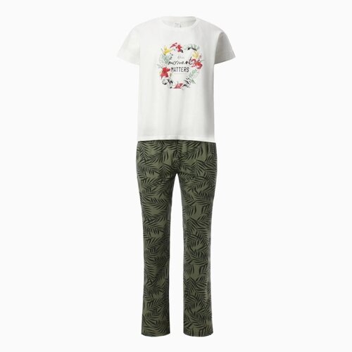 Комплект женский домашний (футболка, брюки), цвет белый/зелёный, размер 48